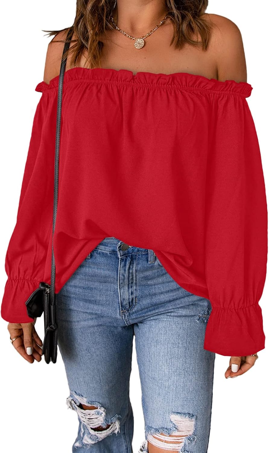 Women's Off Shoulder Top Ruffle Long Sleeve Chiffon Blouse Casual Loose Shirts