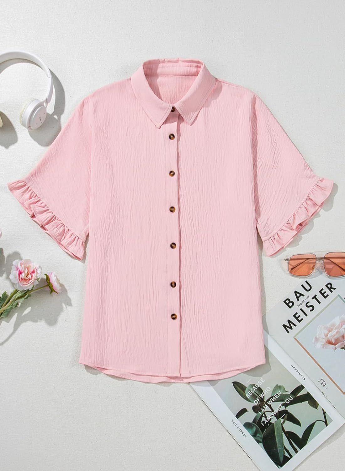 Astylish Women's Button Down Shirts Ruffle Short Sleeve V Neck Wrinkled Dressy Blouse Tops - Image 5