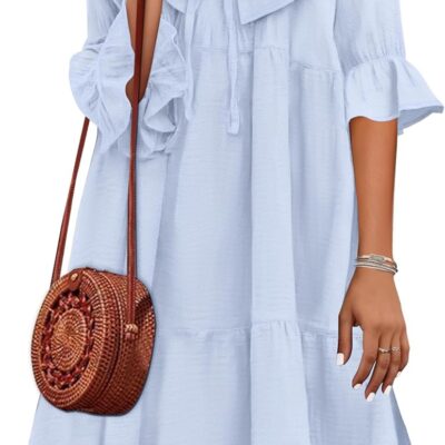 SAUKOLE Womens Summer Dress Casual Scoop Neck Half Sleeve Dress Trendy Loose Tie Front Ruffle Tiered Dress