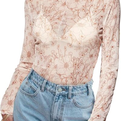 Mesh Sheer Top Women See Through Tops for Women Long Sleeve Layering Top Boho Floral Lettuce Hem Blouse Shirts