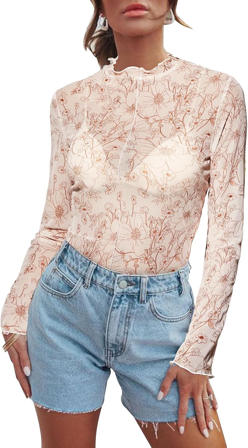 Mesh Sheer Top Women See Through Tops for Women Long Sleeve Layering Top Boho Floral Lettuce Hem Blouse Shirts