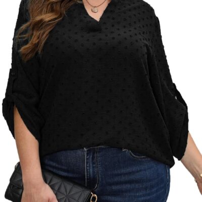Plus Size Swiss Dot Blouses for Women Casual 3/4 Length Sleeve Tops