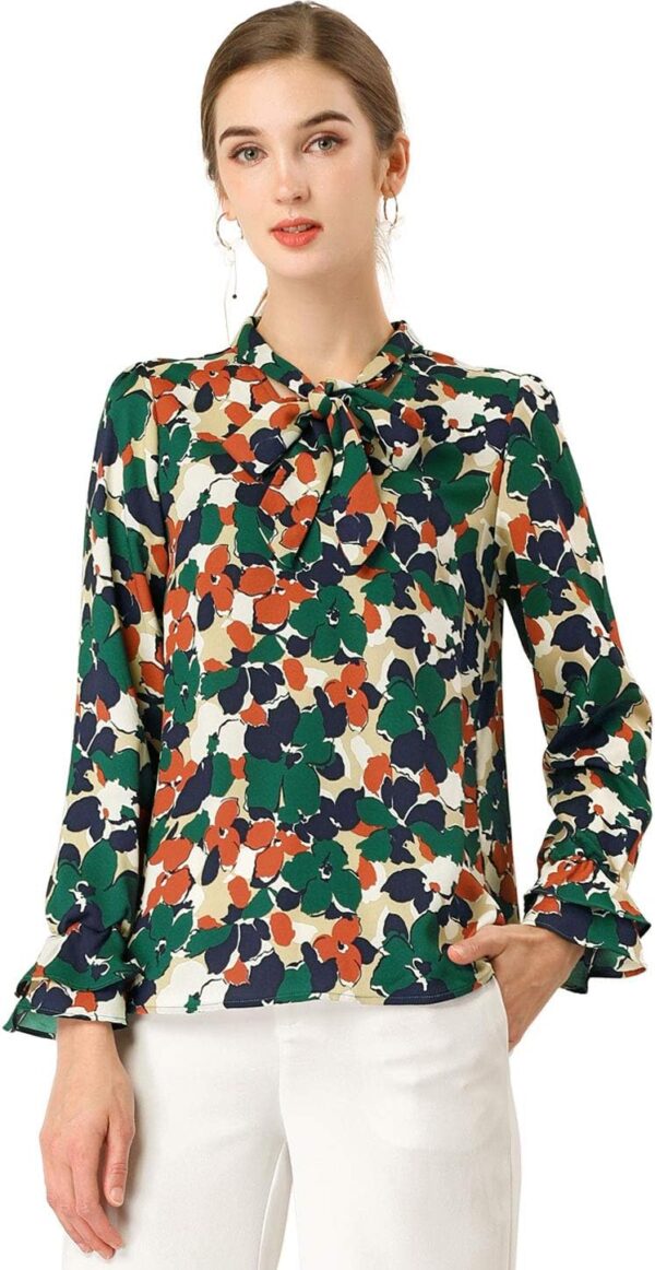 Allegra K Women's Long Sleeve Blouse Floral Tie Neck Chiffon Ruffle Trumpet Top - Image 2
