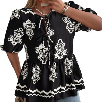 Dokotoo Womens Tops Casual Crewneck Babydoll Peplum Puff Sleeve Shirts Bow Tie Front Boho Summer Blouses