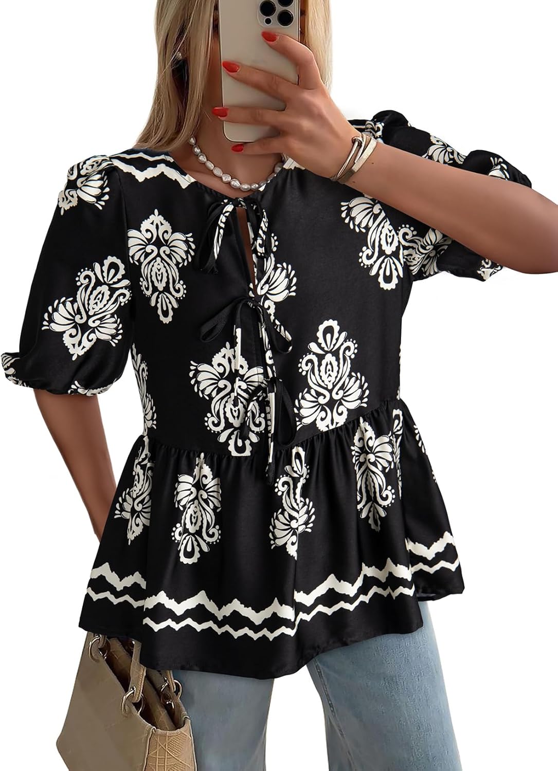 Dokotoo Womens Tops Casual Crewneck Babydoll Peplum Puff Sleeve Shirts Bow Tie Front Boho Summer Blouses