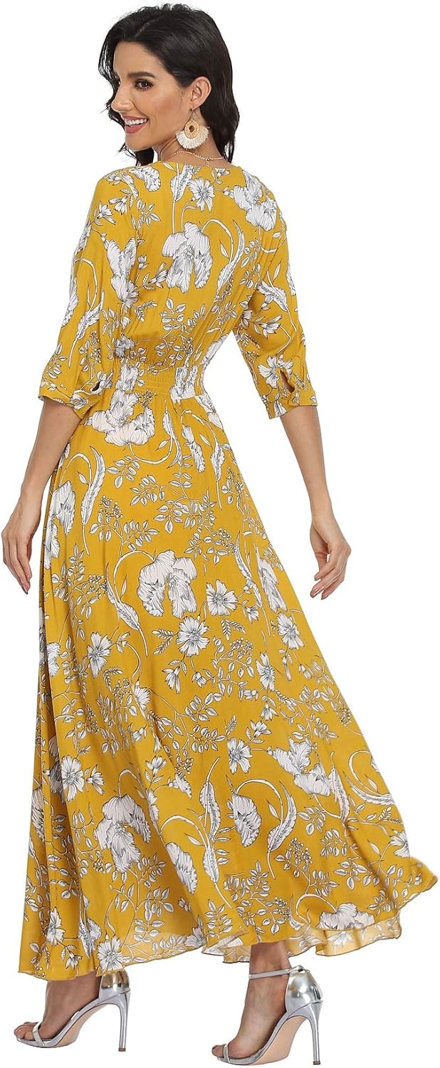 VintageClothing Women's Floral Maxi Dresses with Sleeves Flowy Boho Beach Dress - Image 5
