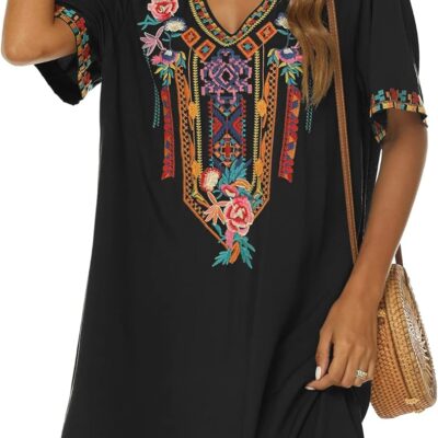 Grosy Women's Embroidered Mexican Peasant Dresses, Plus Size Fiesta Boho Dress for Women, Traditional Floral Bohemian Tunic