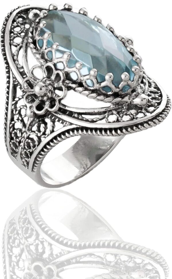 925 Sterling Silver Handcrafted Filigree Art Flower Pattern Woman Oval Statement Ring, Gift Boxed