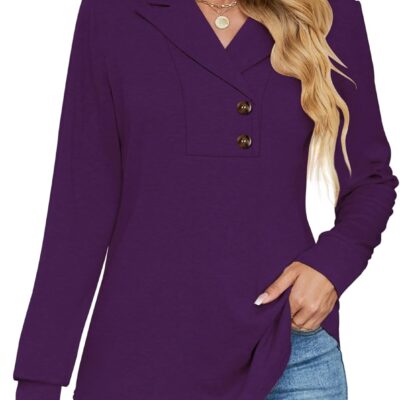 Micoson Women's Long Sleeve Button Lapel Tunic Tops V Neck Business Casual Swing Sweatshirt Pullover