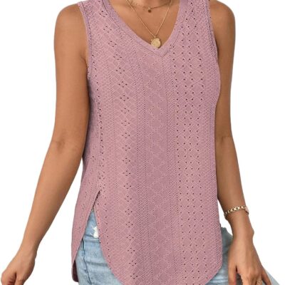 XIEERDUO Womens Tank Tops V Neck Eyelet Embroidery Casaul Sleeveless Shirts