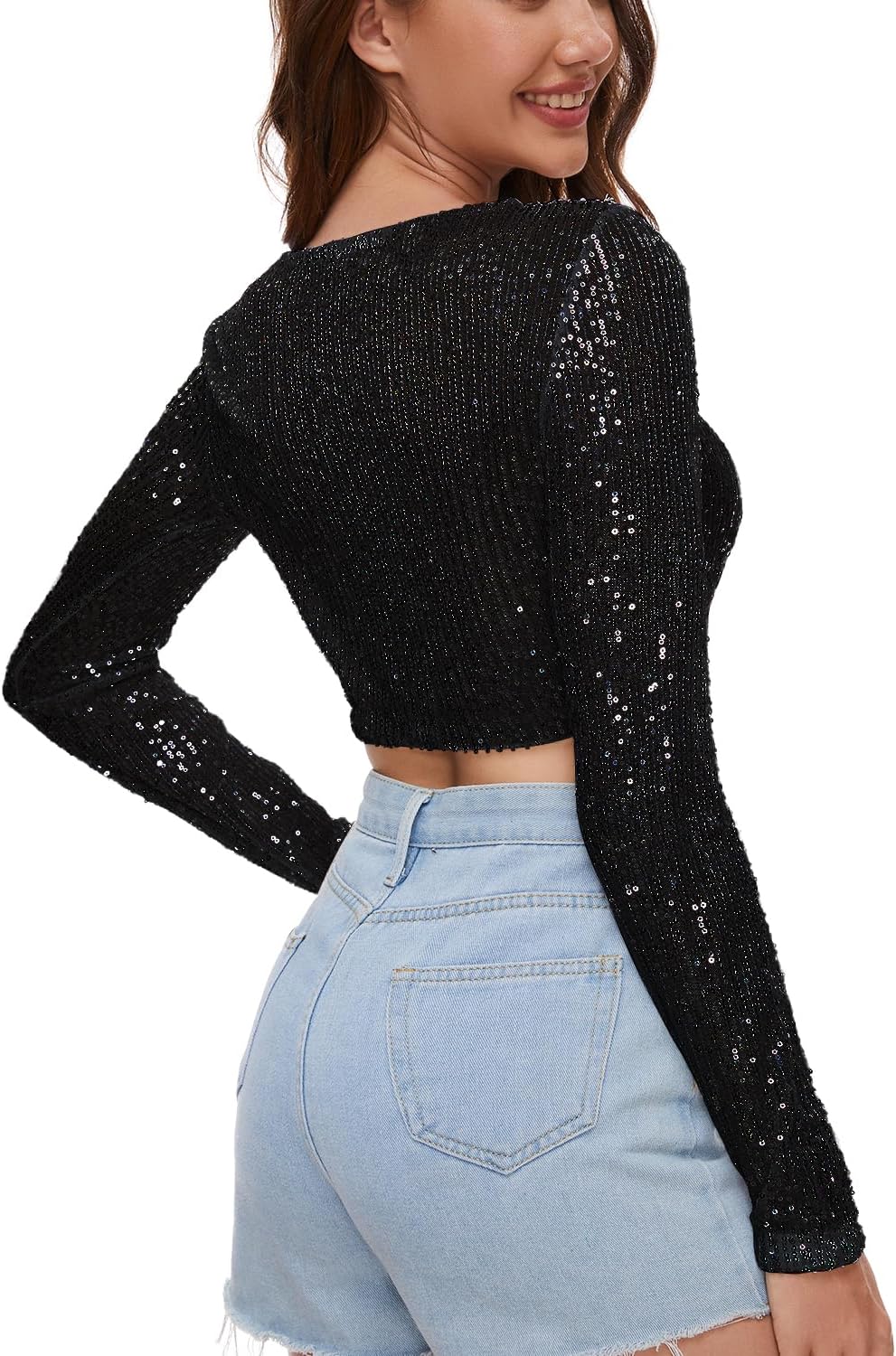 Sequin Crop Top Long Sleeve Sequin Top Sparkle Crop Top for Disco Rave Concert Party - Image 2