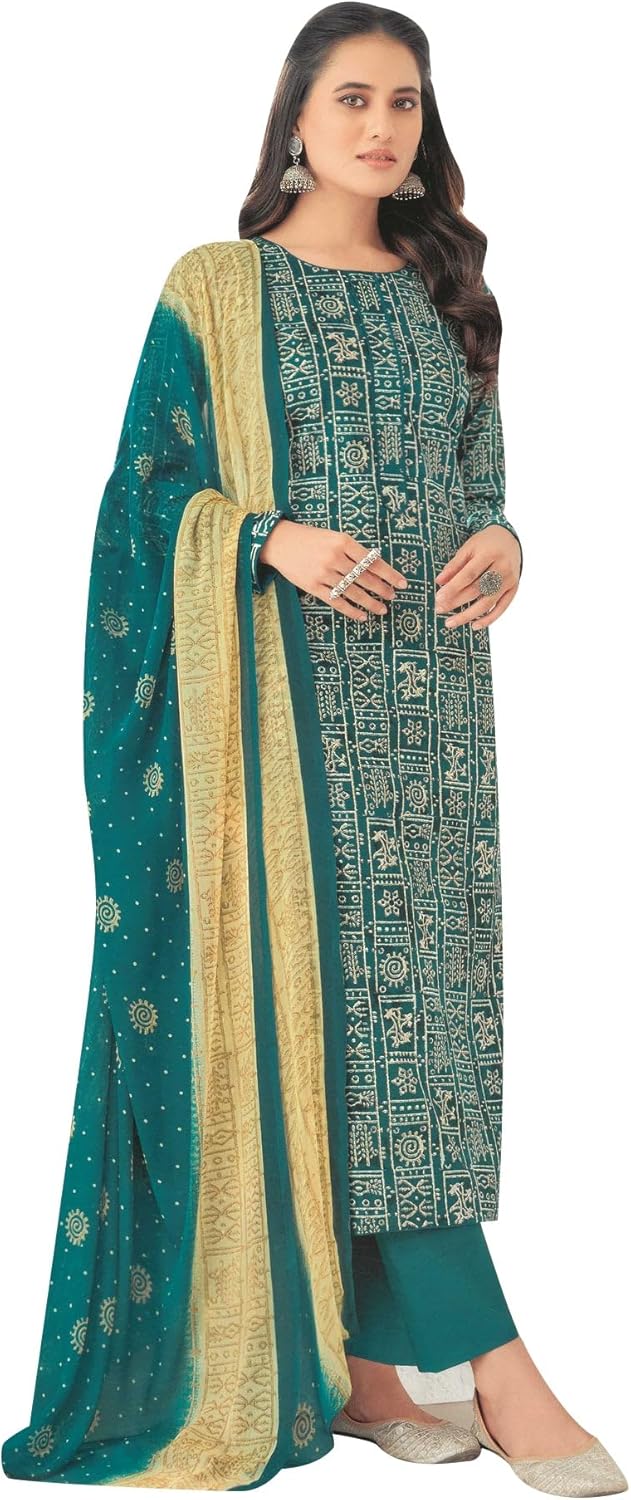 ladyline Women's Casual Cotton Printed Salwar Kameez with Chiffon Dupatta and Pants
