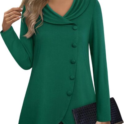 VALOLIA Womens Long Sleeve Tops Fall Winter Buttons Side Tulip Hem Lapel Pullover Sweatshirt
