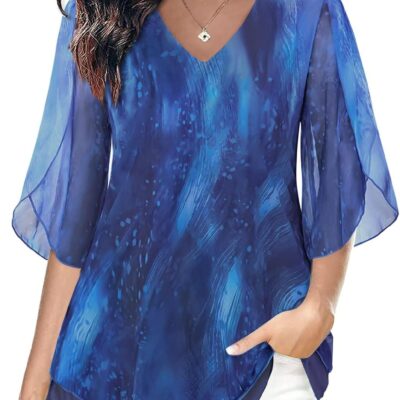 SeSe Code Womens Ruffle 3/4 Sleeve Mesh Blouses Loose Flowy Tops Stretchy Shirts