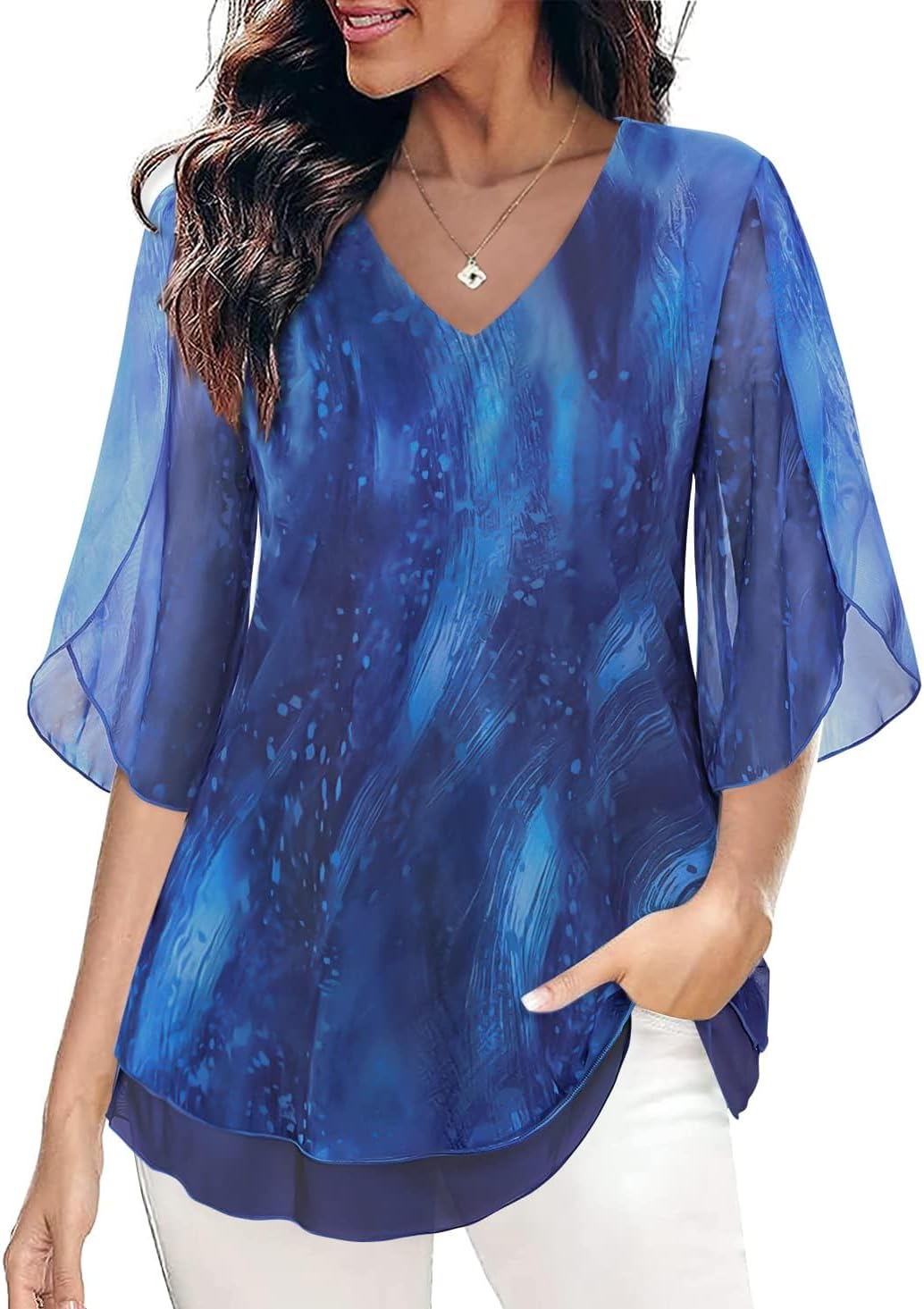 SeSe Code Womens Ruffle 3/4 Sleeve Mesh Blouses Loose Flowy Tops Stretchy Shirts