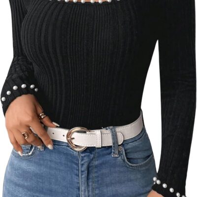 WDIRARA Women's Pearls Square Neck Long Sleeve T Shirt Rib Knit Tee Slim Fitted Top