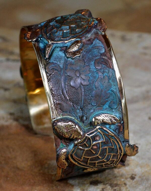 Verdigris Patina Solid Brass Classic Sea Turtle Cuff Bracelet by Elaine Coyne Made In USA - Image 4