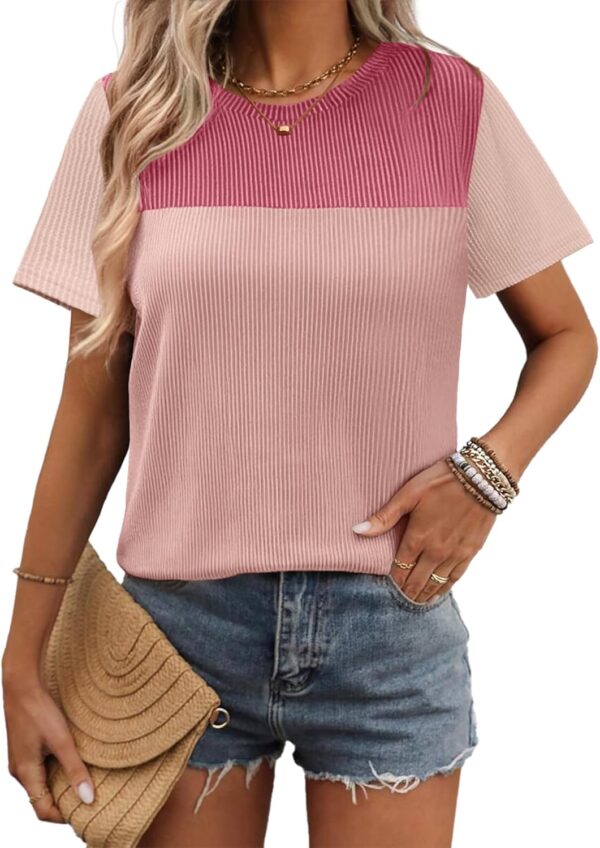 Zeagoo Womens Casual Shirts Color Block Tops Short Sleeve T Shirts Crewneck Knitted Summer Loose Blouses Tops - Image 3