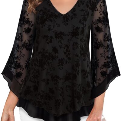 Lotusmile Womens Dressy Blouse Double Layers Mesh Shirt Ruffle 3/4 Flared Sleeve Tunic Tops