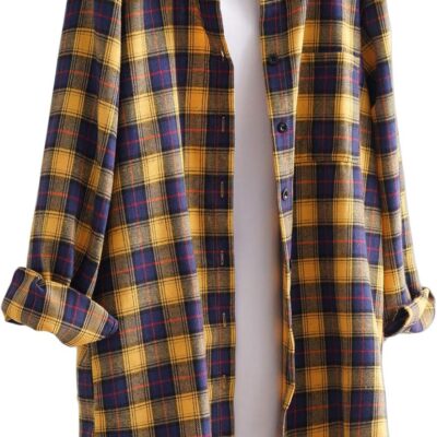 Minibee Women's Cotton Blouses Tops Plaid Long Sleeve High Low Button Down Shirts Tunic