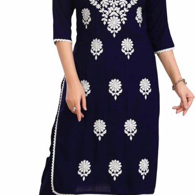 ladyline Rayon Plain Lucknowi Embroidered Kurta with Pants Set for Women Indian Dress
