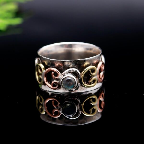 925 Solid Silver Designer Spinner Ring | Natural Labradorite Three Tone Silver Band Handmade Fidget Spinner Anxiety Thumb Ring Handcrafted Boho Style Jewelry
