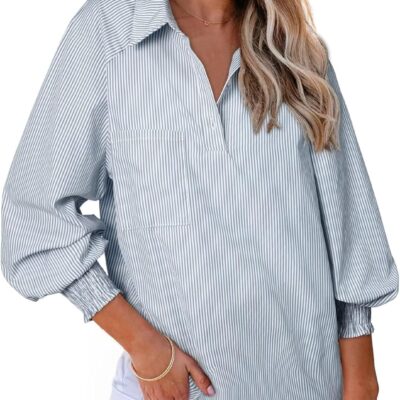 Astylish Women 2025 Fine Striped Smocked Cuffed Henley Shirts Long Sleeve Collared Blouse Tops with Pocket