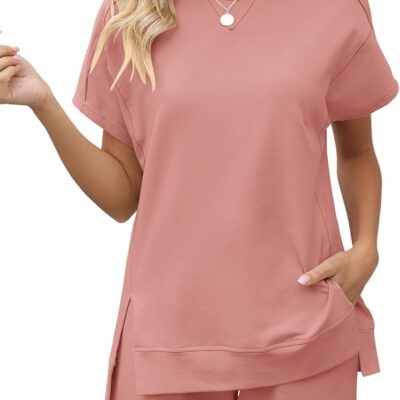 LOMON Womens Fashion 2 Piece Outfits Sweatsuits Short Sleeve Summer Loungewear Tracksuit Round Neck Lounge Shorts Sets