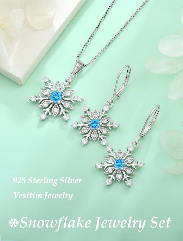 Snowflake Jewelry Set for Women 925 Sterling Silver Dangle Earrings Snowflake Pendant Necklace Winter Christmas Created Aquamarine Jewelry - Image 5