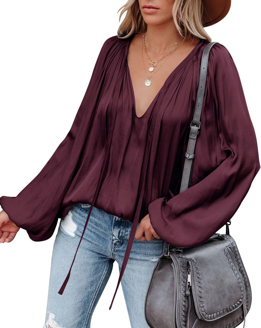 LAMISSCHE Womens Sexy Deep V Neck Blouse Lantern Long Sleeve Chiffon Shirt Oversized Drawstring Silk Satin Tunic