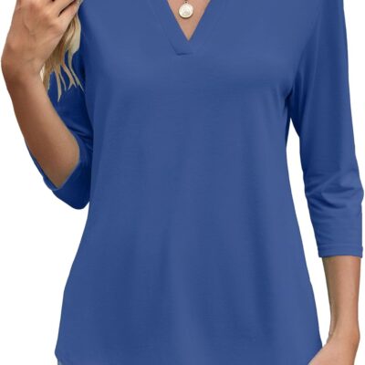 Sherosa Women's 3/4 Sleeve Shirts V Neck Casual Henley Work Tops Blouses