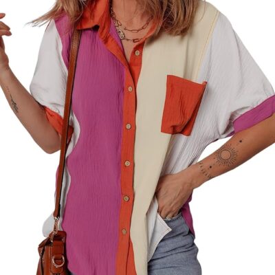 Dokotoo Blouses for Women Spring Summer Color Block V Neck Button Down Short Sleeve Shirts Casual Split Hem Tops with Pockets