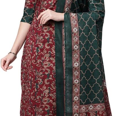 Idalia Dark Green and Maroon Indian Kurta for Women Cotton Kurta Set with Dupatta