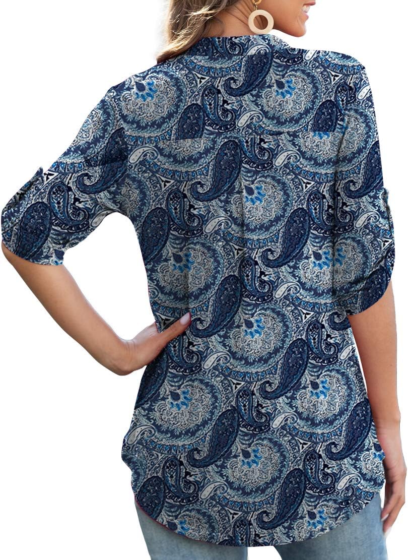 Othyroce Womens Floral Printed Tunic Tops 3/4 Roll Sleeve V Neck Blouses Long Sleeve Shirts for Women - Image 3