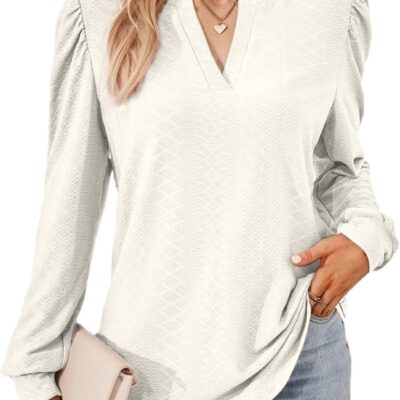 Dokotoo Womens Spring Fashion 2025 Long Sleeve Tops Dressy Casual Blouses Trendy V Neck Puff Sleeve Shirts Business Outfits