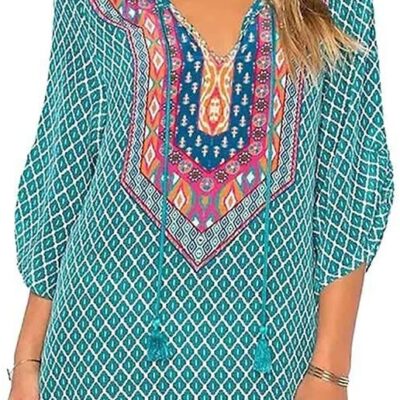 Women Bohemian Neck Tie Vintage Printed Ethnic Style Summer Shift Dress