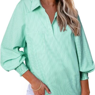 Astylish Women 2025 Fine Striped Smocked Cuffed Henley Shirts Long Sleeve Collared Blouse Tops with Pocket