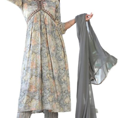Aliya-Cut Kurti Pant With Dupatta For Women's (Grey)