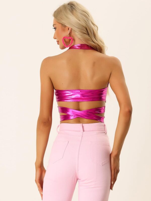 Allegra K Metallic Halter Neck Top for Women's Deep V Neck Backless Holographic Crop Tops - Image 3