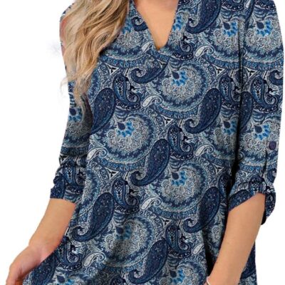 Othyroce Womens Floral Printed Tunic Tops 3/4 Roll Sleeve V Neck Blouses Long Sleeve Shirts for Women