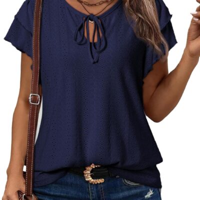 Dokotoo Women's Summer Tops Dressy Casual Ruffle Short Sleeve Hollow Out Embroidered Boho Drawstring Shirts Blouses