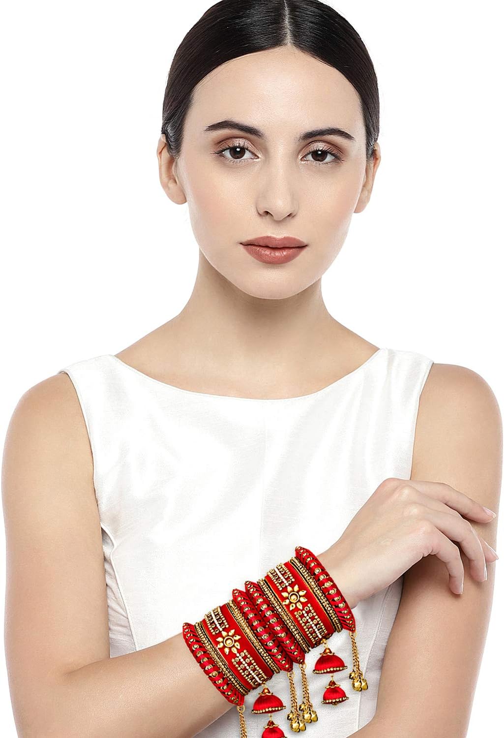 Aheli Wedding Party Designer Velvet Faux Stone Studded Bridal Bangle Set Chuda with Hangings Indian Traditional Ethnic Fashion Jewelry Gift for Women - Image 5