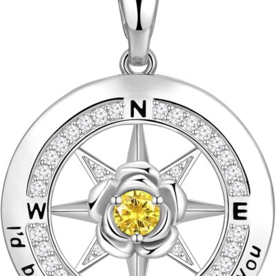 Compass Necklaces for Women, Rose Flower Birthstone Necklace for Women Gifts for Christmas Birthday Gifts for Women Jewelry for Women Anniversary Wedding Gifts Sterling Silver Necklace for Women Girlfriend Gifts for Wife Valentine's Day Gifts for Her