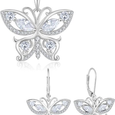 Butterfly Jewelry Set-925 Sterling Silver Pendant Necklace Butterfly Dangle Earrings with Birthstone Cubic Zirconia