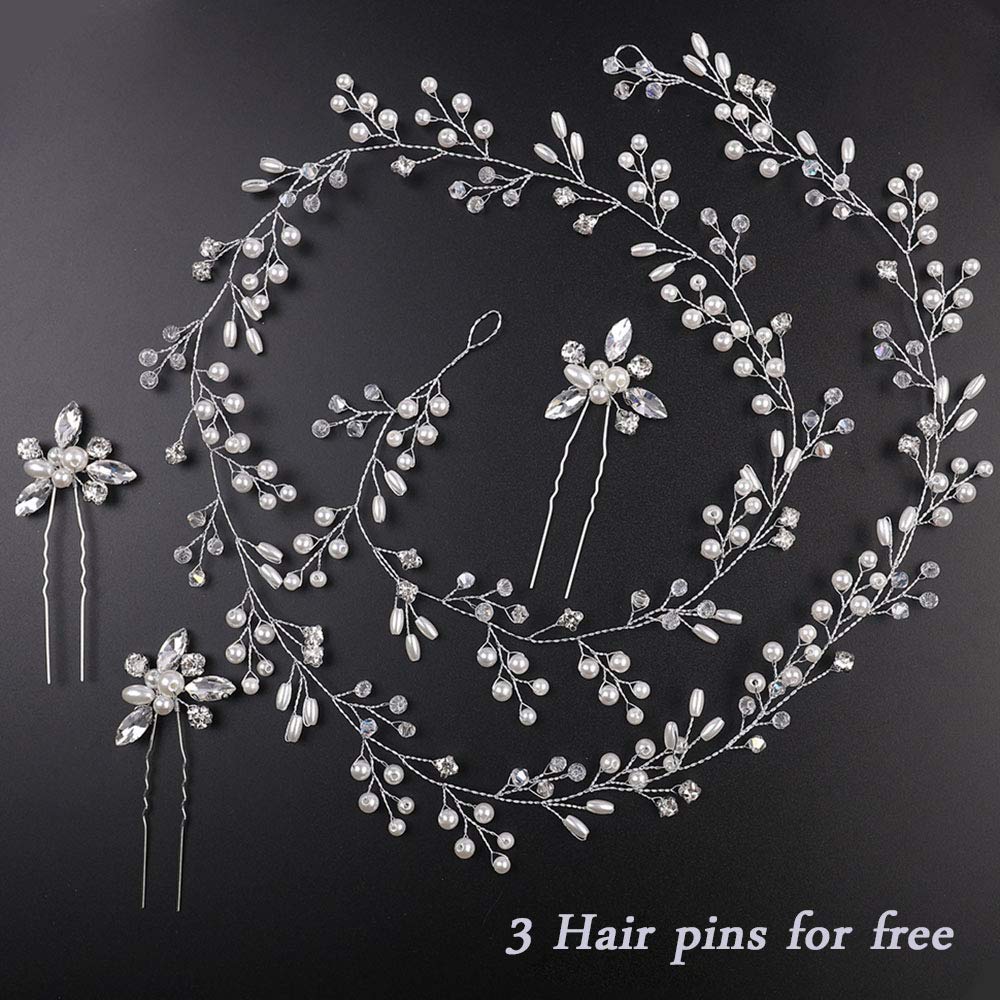Deniferymakeup Bridal Rose Gold and Gold Silver Extra Long Pearl and Crystal Beads Bridal Hair Vine Wedding Head Piece Bridal Hair Accessories Headband Hair Jewelry Hair Accessories (Silver) - Image 4