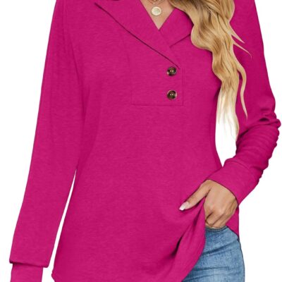Micoson Women's Long Sleeve Button Lapel Tunic Tops V Neck Business Casual Swing Sweatshirt Pullover