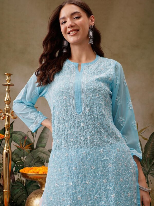 Ada Indian Hand Embroidered Chikankari Ethnic Wear Georgette Kurta Kurti Tunic for Women A95504 - Image 7