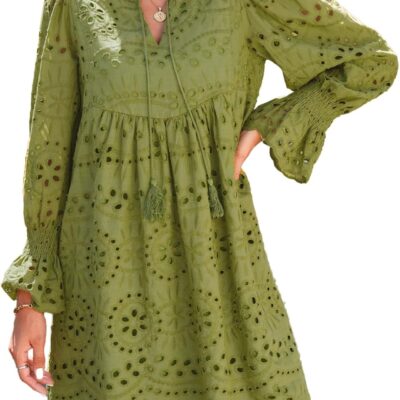 Dokotoo Womens 2024 Casual Dress Tassel V Neck Long Sleeve A Line Hollow Out Lace Ruffle Party Dresses