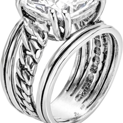 JEAN RACHEL JEWELRY 925 Sterling Silver Statement Ring with Cushion Shaped Cubic Zirconia - Curb Chain Vintage Design - Hypoallergenic Nickel & Lead-free - Artisan Handcrafted Designer Collection