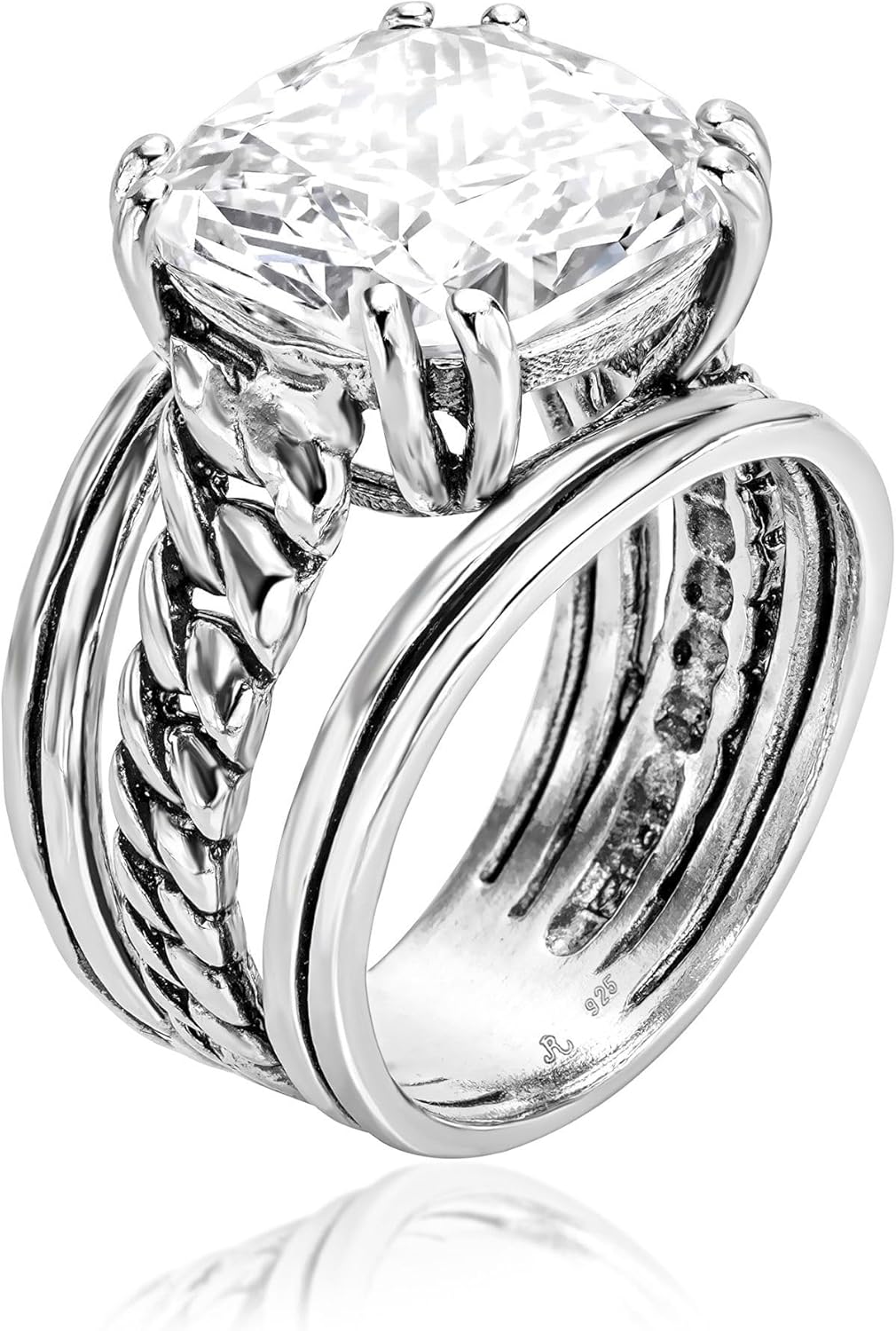 JEAN RACHEL JEWELRY 925 Sterling Silver Statement Ring with Cushion Shaped Cubic Zirconia - Curb Chain Vintage Design - Hypoallergenic Nickel & Lead-free - Artisan Handcrafted Designer Collection